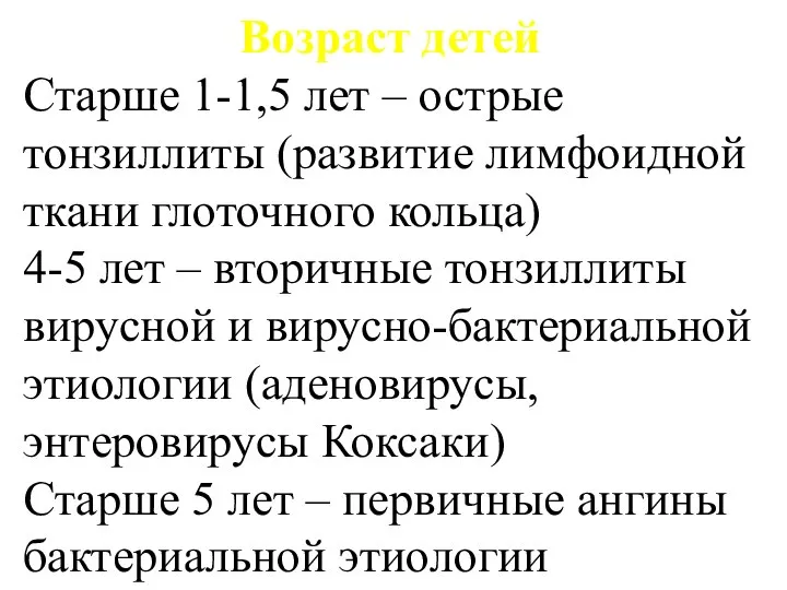 Возраст детей Старше 1-1,5 лет – острые тонзиллиты (развитие лимфоидной ткани