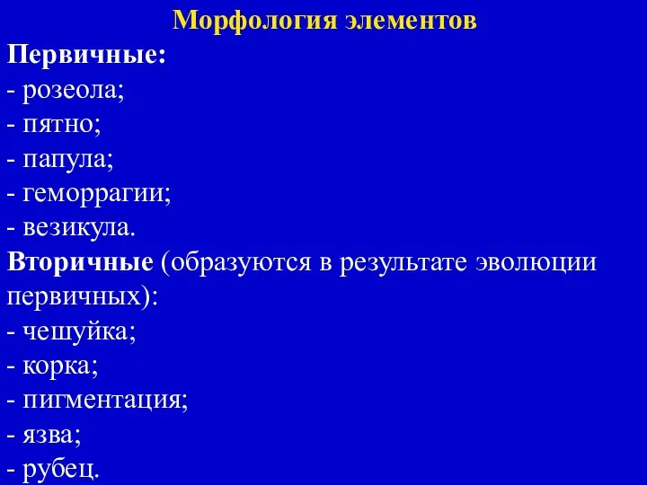 Морфология элементов Первичные: - розеола; - пятно; - папула; - геморрагии;