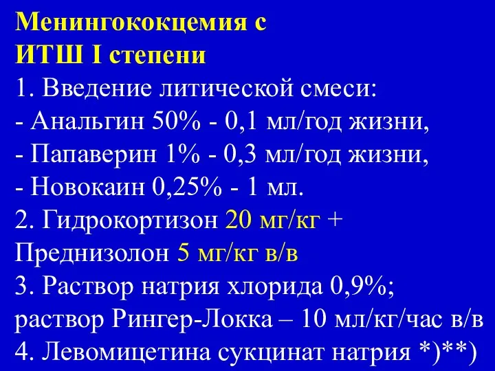 Менингококцемия с ИТШ I степени 1. Введение литической смеси: - Анальгин