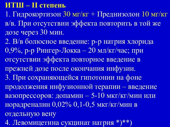 ИТШ – II степень 1. Гидрокортизон 30 мг/кг + Преднизолон 10