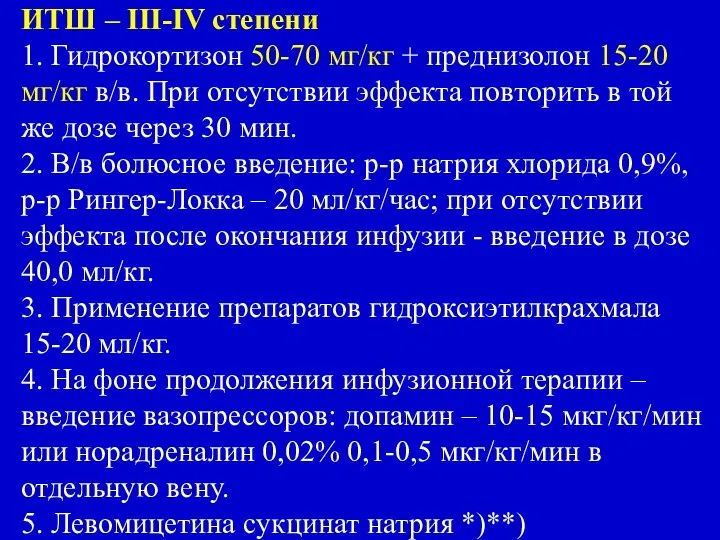 ИТШ – III-IV степени 1. Гидрокортизон 50-70 мг/кг + преднизолон 15-20