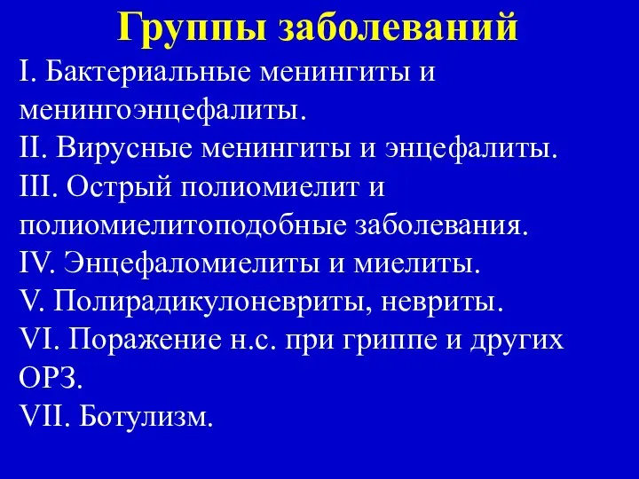 Группы заболеваний I. Бактериальные менингиты и менингоэнцефалиты. II. Вирусные менингиты и