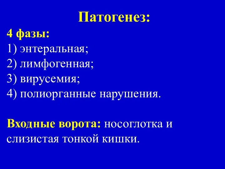 Патогенез: 4 фазы: 1) энтеральная; 2) лимфогенная; 3) вирусемия; 4) полиорганные