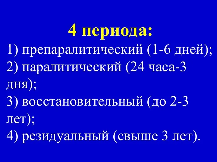 4 периода: 1) препаралитический (1-6 дней); 2) паралитический (24 часа-3 дня);