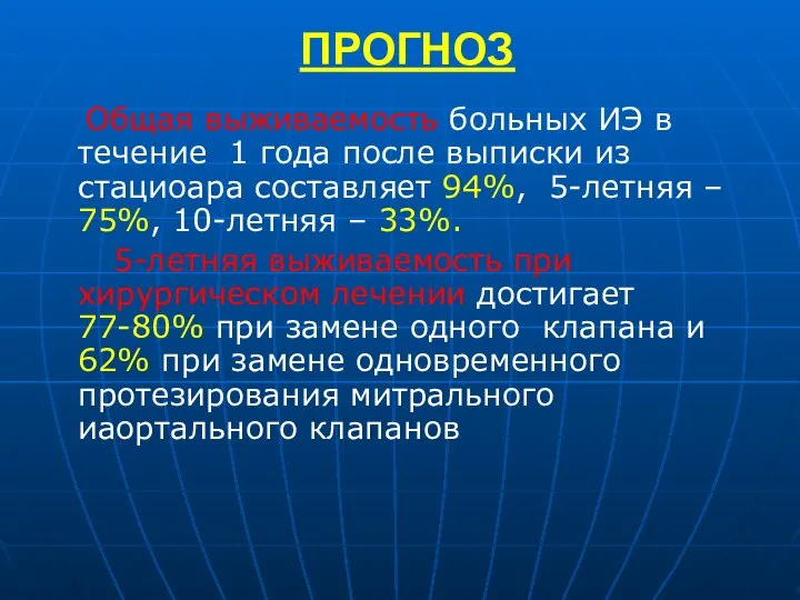 ПРОГНОЗ Общая выживаемость больных ИЭ в течение 1 года после выписки