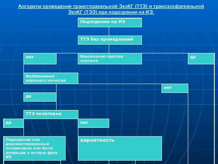 Алгоритм проведения трансторакальной ЭхоКГ (ТТЭ) и трансэзофагеальной ЭхоКГ (ТЭЭ) при подозрении на ИЭ.