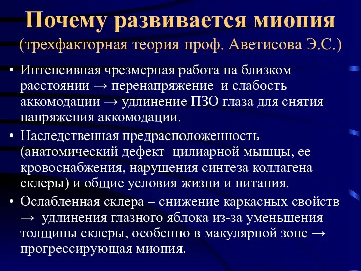 Почему развивается миопия (трехфакторная теория проф. Аветисова Э.С.) Интенсивная чрезмерная работа