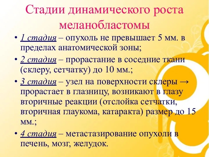 Стадии динамического роста меланобластомы 1 стадия – опухоль не превышает 5