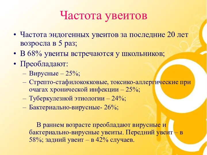 Частота увеитов Частота эндогенных увеитов за последние 20 лет возросла в