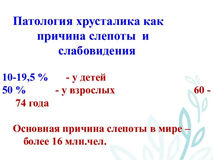 Патология хрусталика как причина слепоты и слабовидения 10-19,5 % - у