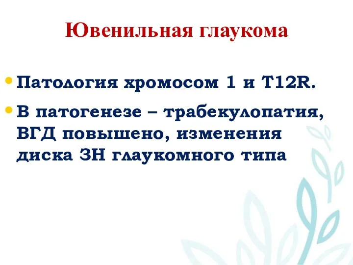 Ювенильная глаукома Патология хромосом 1 и Т12R. В патогенезе – трабекулопатия,