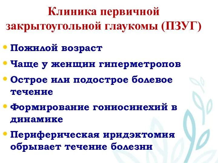 Клиника первичной закрытоугольной глаукомы (ПЗУГ) Пожилой возраст Чаще у женщин гиперметропов