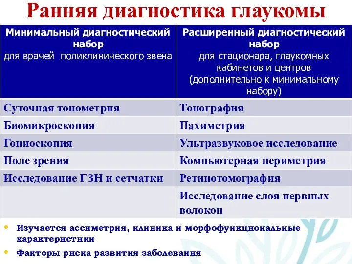 Ранняя диагностика глаукомы Изучается ассиметрия, клиника и морфофункциональные характеристики Факторы риска развития заболевания