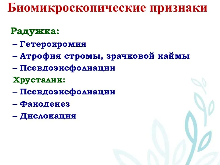 Биомикроскопические признаки Радужка: Гетерохромия Атрофия стромы, зрачковой каймы Псевдоэксфолиации Хрусталик: Псевдоэксфолиации Факоденез Дислокация