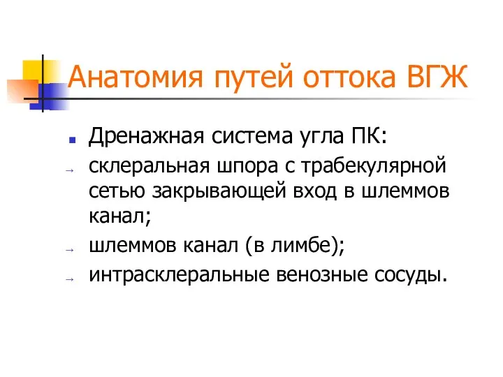 Анатомия путей оттока ВГЖ Дренажная система угла ПК: склеральная шпора с