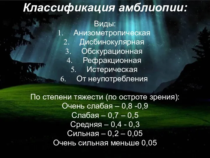 Классификация амблиопии: Виды: Анизометропическая Дисбинокулярная Обскурационная Рефракционная Истерическая От неупотребления По