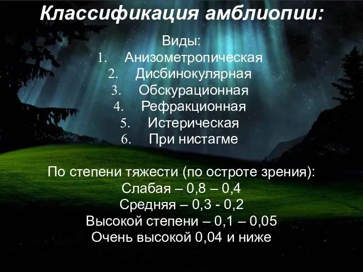 Классификация амблиопии: Виды: Анизометропическая Дисбинокулярная Обскурационная Рефракционная Истерическая При нистагме По