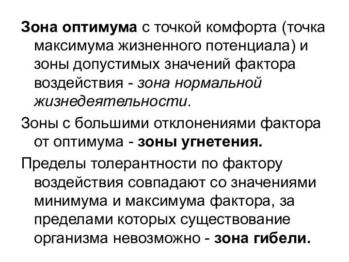 Зона оптимума с точкой комфорта (точка максимума жизненного потенциала) и зоны