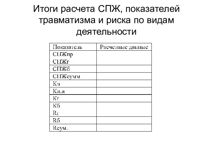 Итоги расчета СПЖ, показателей травматизма и риска по видам деятельности