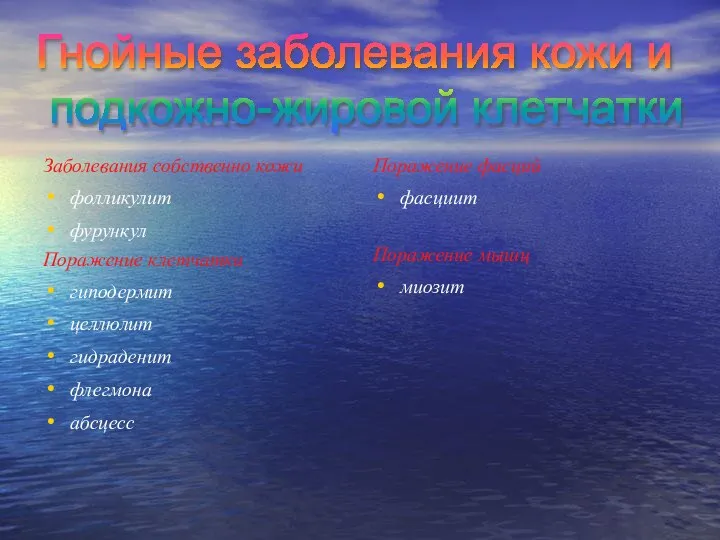 Гнойные заболевания кожи и подкожно-жировой клетчатки Заболевания собственно кожи фолликулит фурункул