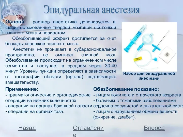 Эпидуральная анестезия Основа: раствор анестетика депонируется в щели, образованные твердой мозговой