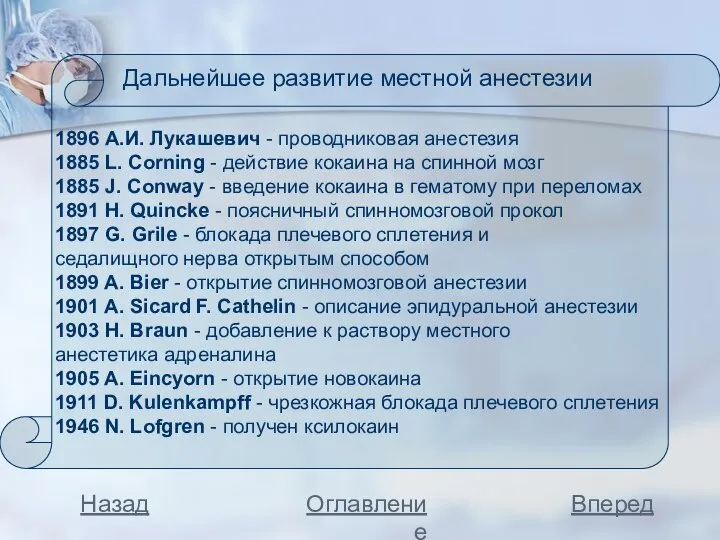 1896 А.И. Лукашевич - проводниковая анестезия 1885 L. Corning - действие