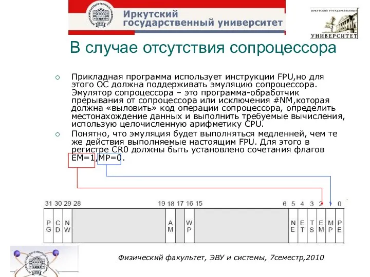 В случае отсутствия сопроцессора Прикладная программа использует инструкции FPU,но для этого