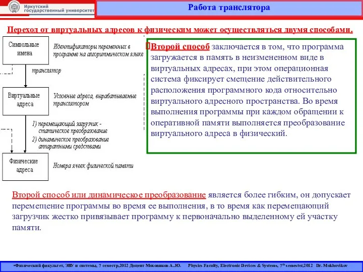 Работа транслятора Физический факультет, ЭВУ и системы, 7 семестр,2012 Доцент Моховиков