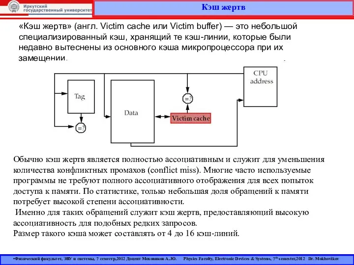 Кэш жертв Физический факультет, ЭВУ и системы, 7 семестр,2012 Доцент Моховиков