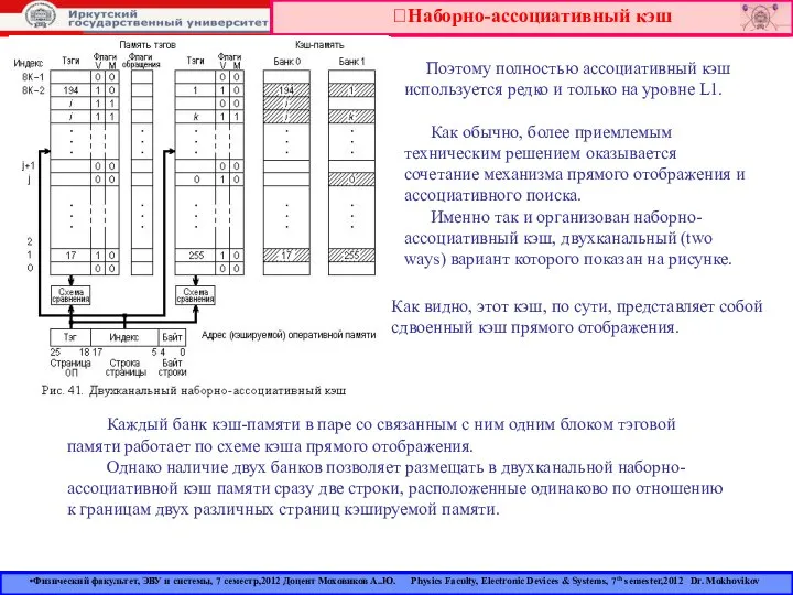 Наборно-ассоциативный кэш Поэтому полностью ассоциативный кэш используется редко и только на