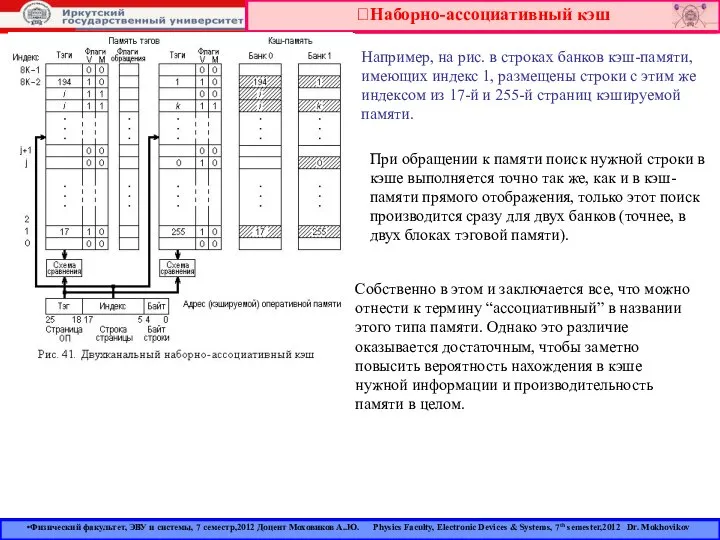 Наборно-ассоциативный кэш Например, на рис. в строках банков кэш-памяти, имеющих индекс