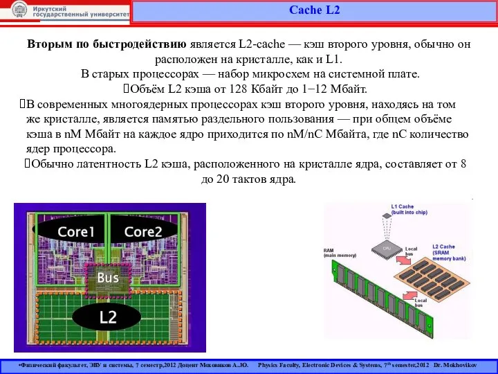 Cache L2 Физический факультет, ЭВУ и системы, 7 семестр,2012 Доцент Моховиков