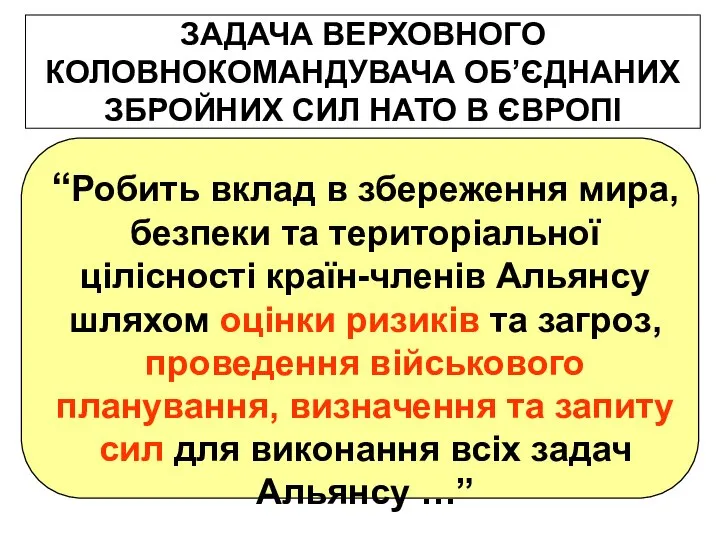 ЗАДАЧА ВЕРХОВНОГО КОЛОВНОКОМАНДУВАЧА ОБ’ЄДНАНИХ ЗБРОЙНИХ СИЛ НАТО В ЄВРОПІ “Робить вклад