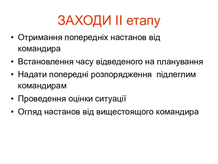 ЗАХОДИ II етапу Отримання попередніх настанов від командира Встановлення часу відведеного