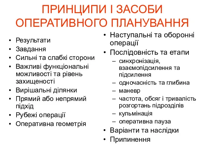 ПРИНЦИПИ І ЗАСОБИ ОПЕРАТИВНОГО ПЛАНУВАННЯ Результати Завдання Сильні та слабкі сторони