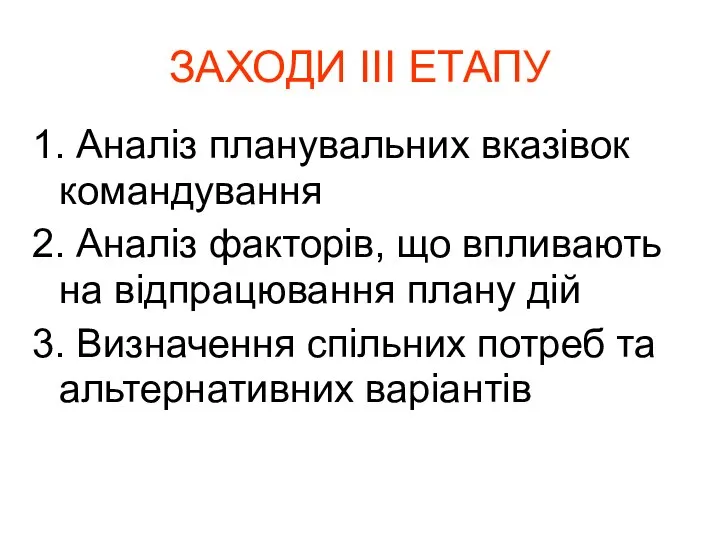 ЗАХОДИ III ЕТАПУ 1. Аналіз планувальних вказівок командування 2. Аналіз факторів,