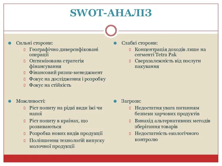 SWOT-АНАЛІЗ Сильні сторони: Географічно диверсифіковані операції Оптимізована стратегія фінансування Фінансовий ризик-менеджмент