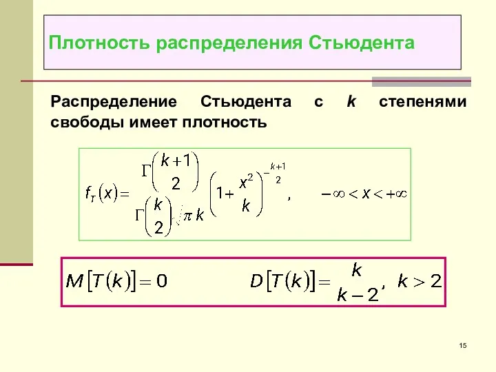 Распределение Стьюдента с k степенями свободы имеет плотность Плотность распределения Стьюдента