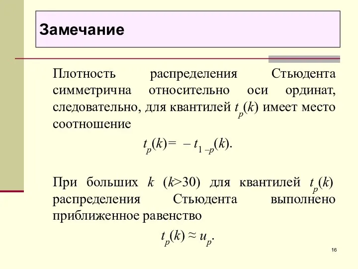 Плотность распределения Стьюдента симметрична относительно оси ординат, следовательно, для квантилей tp(k)