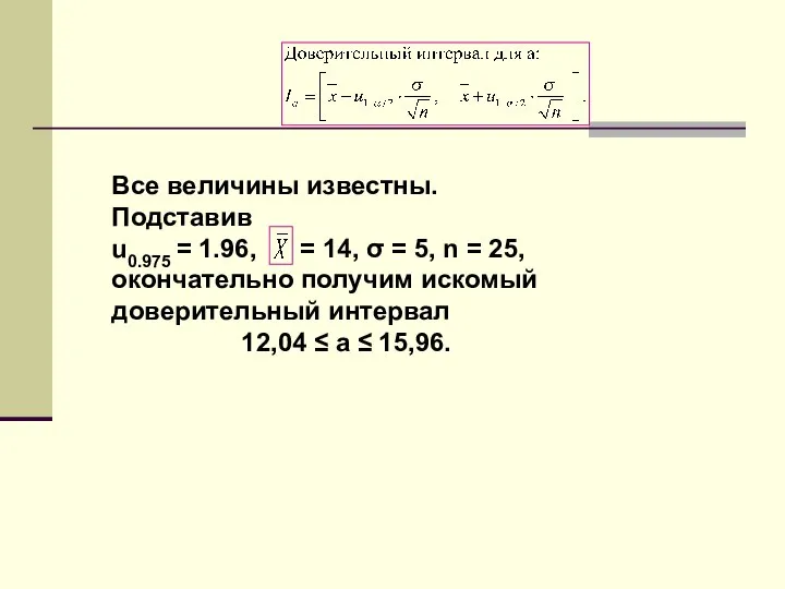 Все величины известны. Подставив u0.975 = 1.96, = 14, σ =