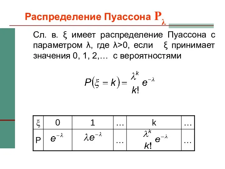 Распределение Пуассона Pλ Сл. в. ξ имеет распределение Пуассона с параметром