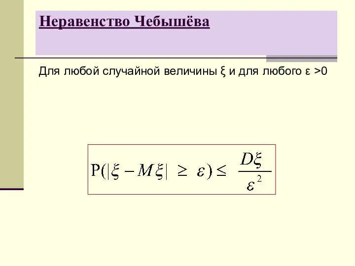 Неравенство Чебышёва Для любой случайной величины ξ и для любого ε >0