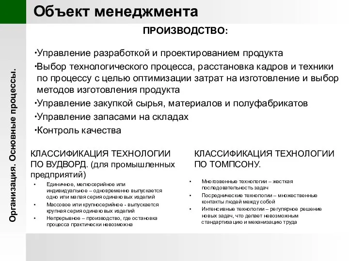 Организация. Основные процессы. ПРОИЗВОДСТВО: Управление разработкой и проектированием продукта Выбор технологического