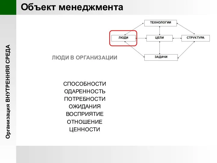 Организация ВНУТРЕННЯЯ СРЕДА Объект менеджмента ЛЮДИ В ОРГАНИЗАЦИИ СПОСОБНОСТИ ОДАРЕННОСТЬ ПОТРЕБНОСТИ ОЖИДАНИЯ ВОСПРИЯТИЕ ОТНОШЕНИЕ ЦЕННОСТИ