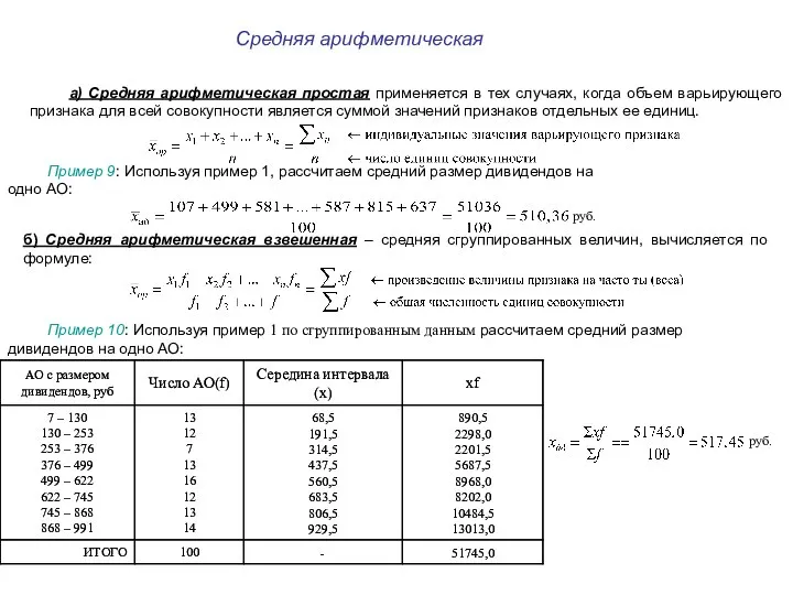 а) Средняя арифметическая простая применяется в тех случаях, когда объем варьирующего