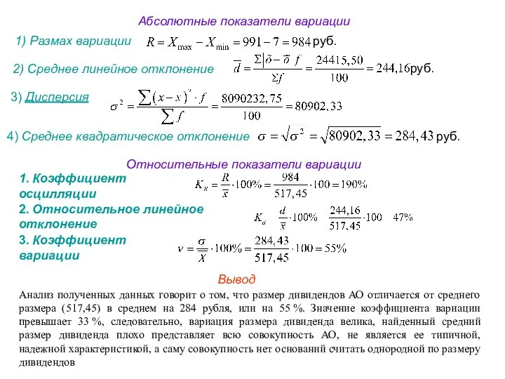 Абсолютные показатели вариации 1) Размах вариации 2) Среднее линейное отклонение 3)