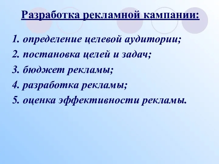 Разработка рекламной кампании: 1. определение целевой аудитории; 2. постановка целей и