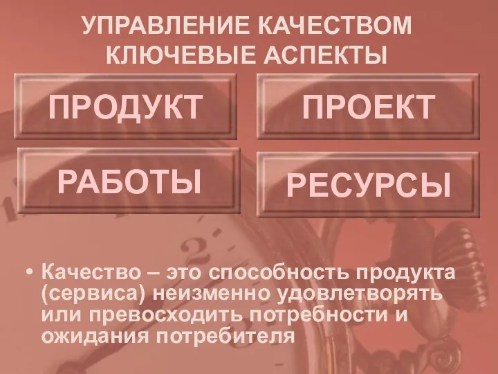 УПРАВЛЕНИЕ КАЧЕСТВОМ КЛЮЧЕВЫЕ АСПЕКТЫ ПРОДУКТ ПРОЕКТ РАБОТЫ РЕСУРСЫ Качество – это