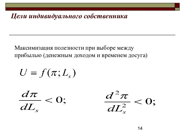 Цели индивидуального собственника Максимизация полезности при выборе между прибылью (денежным доходом и временем досуга)