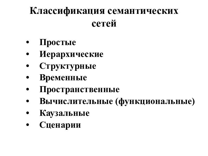 Классификация семантических сетей Простые Иерархические Структурные Временные Пространственные Вычислительные (функциональные) Каузальные Сценарии